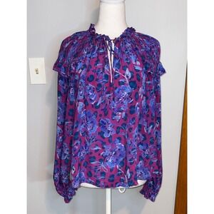 Gilner Farrar Purple Blue Floral Print Ruffle Blouse career business casual